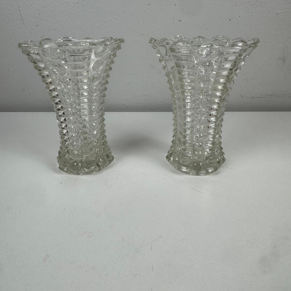 Vtg Clear Pressed Glass Bud Vases Pair Hobnail‎ Bullseye Ruffled Rim 4.5" Set